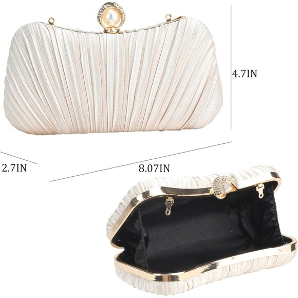 ⚡ Women's White Satin Pearl Evening Chain Strap Shoulder Clutch Handbag - Picture 6 of 8